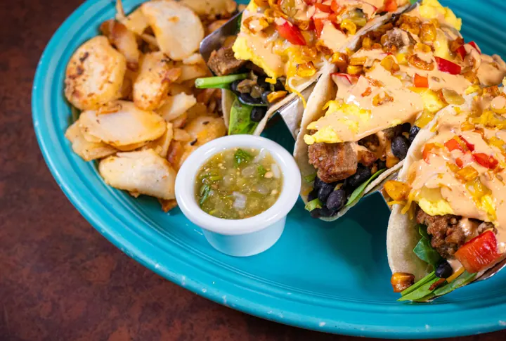 Breakfast tacos with potatoes and salsa verde